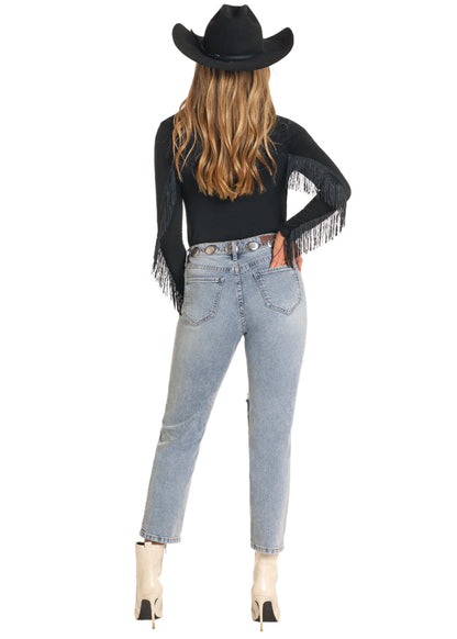 Rock & Roll Women's Light Wash Studded Distressed High Rise Straight Leg Crop Jeans BW9HD04796