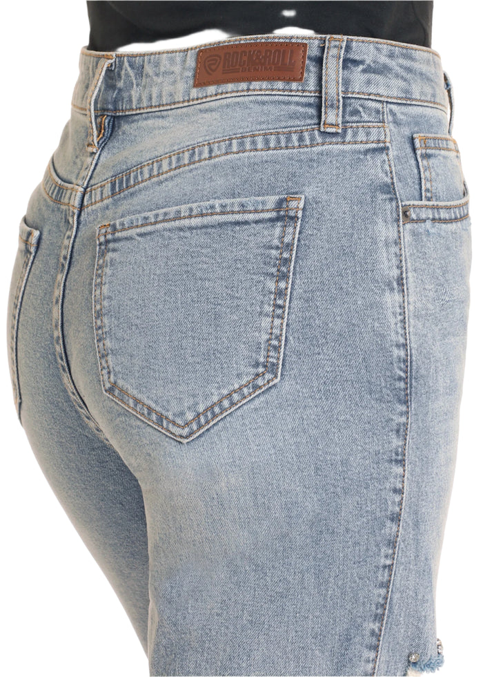 Rock & Roll Women's Light Wash Studded Distressed High Rise Straight Leg Crop Jeans BW9HD04796