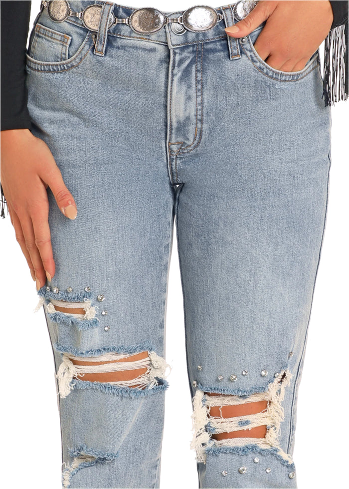 Rock & Roll Women's Light Wash Studded Distressed High Rise Straight Leg Crop Jeans BW9HD04796