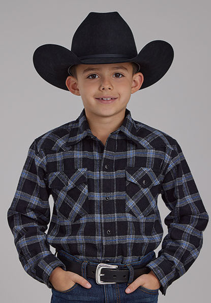 Roper Boy's Black Plaid Snap Up Long Sleeve Flannel Shirt 0782-6002BLK