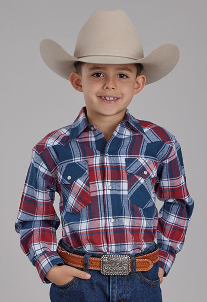 Roper Boy's Navy Plaid Snap Up Long Sleeve Flannel Shirt 0782-6002NVY