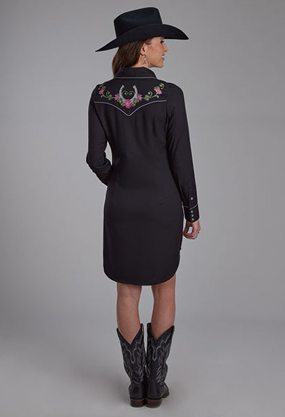 Roper Women's Black Retro Twill Embroidered Yoke Western Shirt Dress 0040-0763