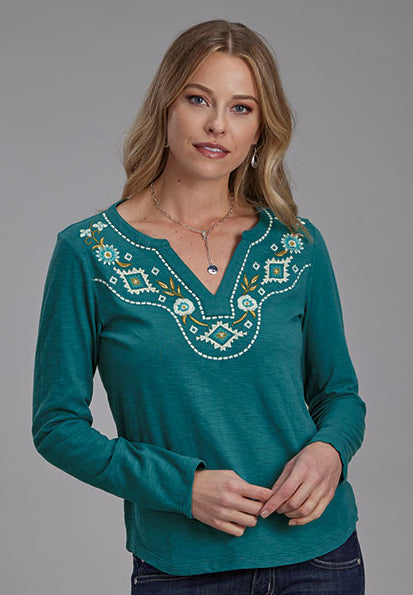 Roper Women's Teal Green Floral Embroidered V-Neck Jersey Log Sleeve Tee 0513-7093