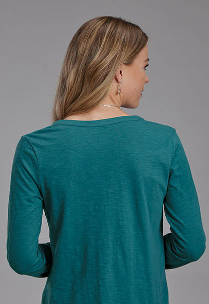 Roper Women's Teal Green Floral Embroidered V-Neck Jersey Log Sleeve Tee 0513-7093