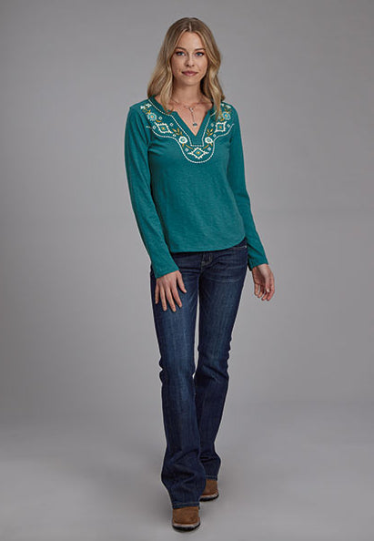 Roper Women's Teal Green Floral Embroidered V-Neck Jersey Log Sleeve Tee 0513-7093