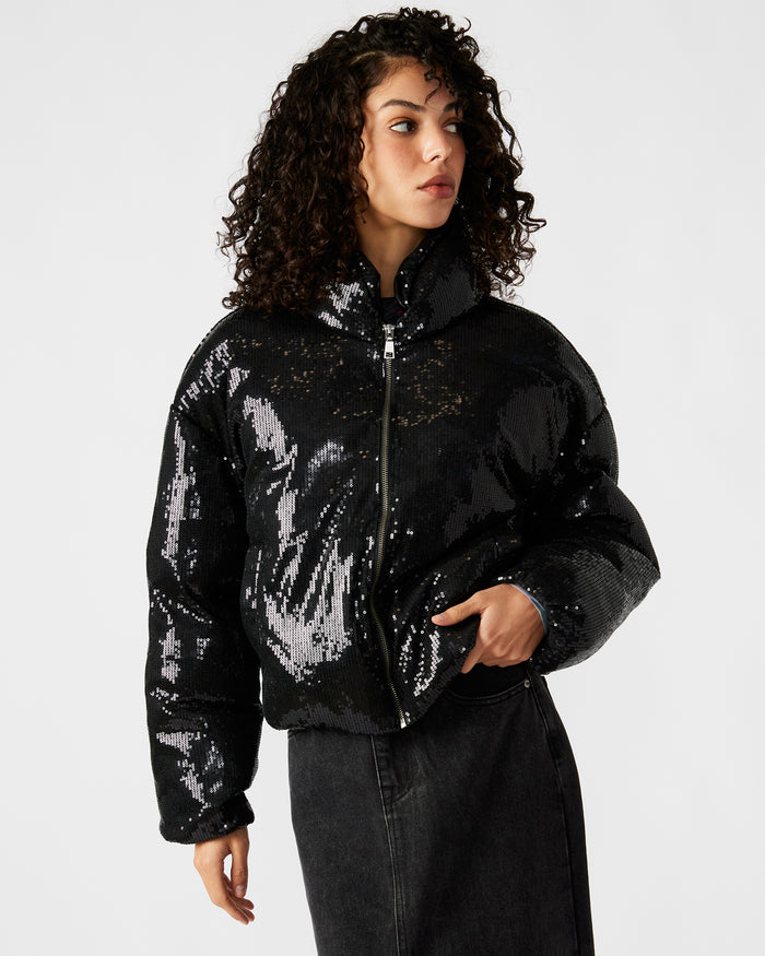 STRATTO Jacket Black | Women's Sequin Long-Sleeved Puffer Jacket | Steve Madden