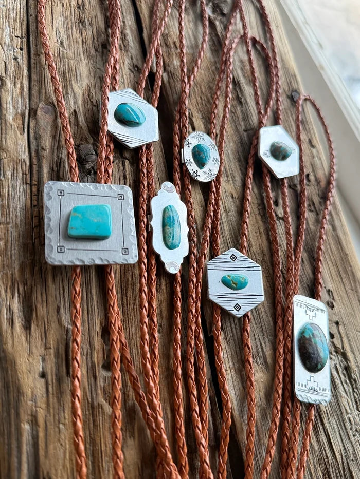 The Wildsmith Hand-Stamped Brown Leather & Silver Western Turquoise Stone Adventure Bolo Tie