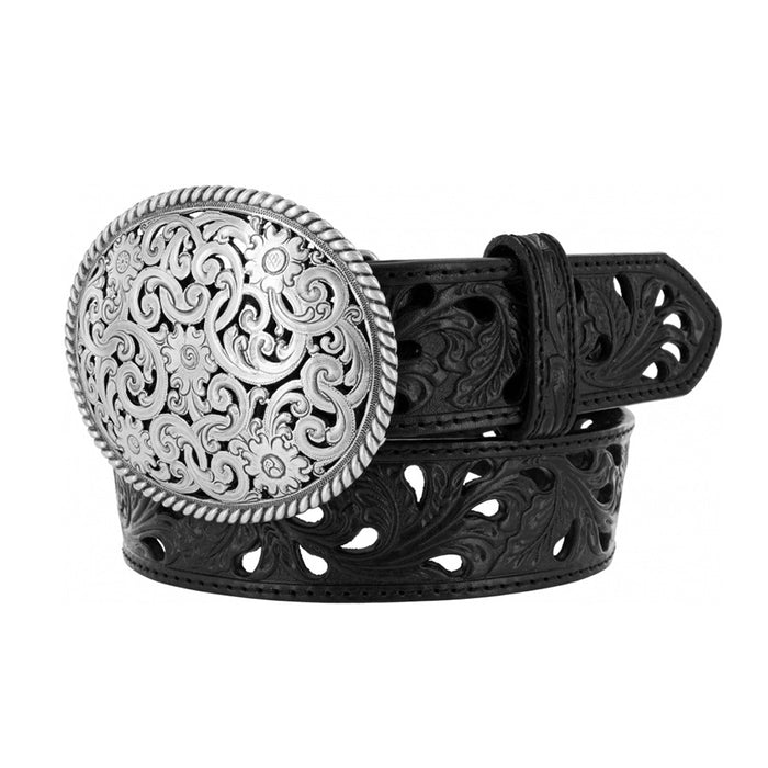 Tony Lama Women's Pierced Filigree Trophy Buckle Black Leather Belt C50023-Painted Cowgirl Western Store