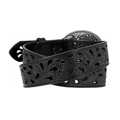 Tony Lama Women's Pierced Filigree Trophy Buckle Black Leather Belt C50023-Painted Cowgirl Western Store