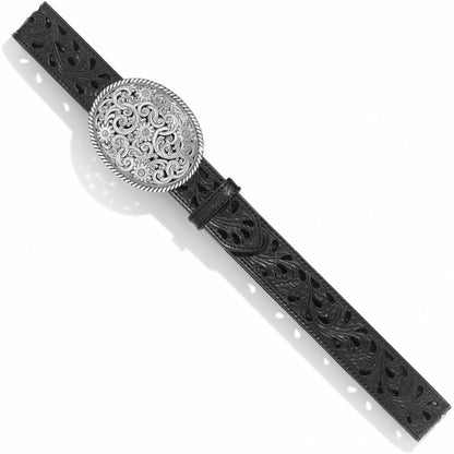 Tony Lama Women's Pierced Filigree Trophy Buckle Black Leather Belt C50023-Painted Cowgirl Western Store