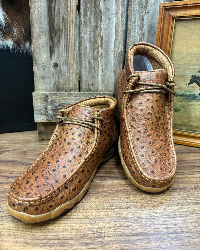 Twisted X Women's Cognac Ostrich Print Leather Chukka Driving Moc Shoe WDM0157-Painted Cowgirl Western Store