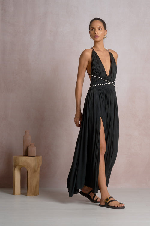 Elan Hi Slit Rope Waist Band Maxi Dress