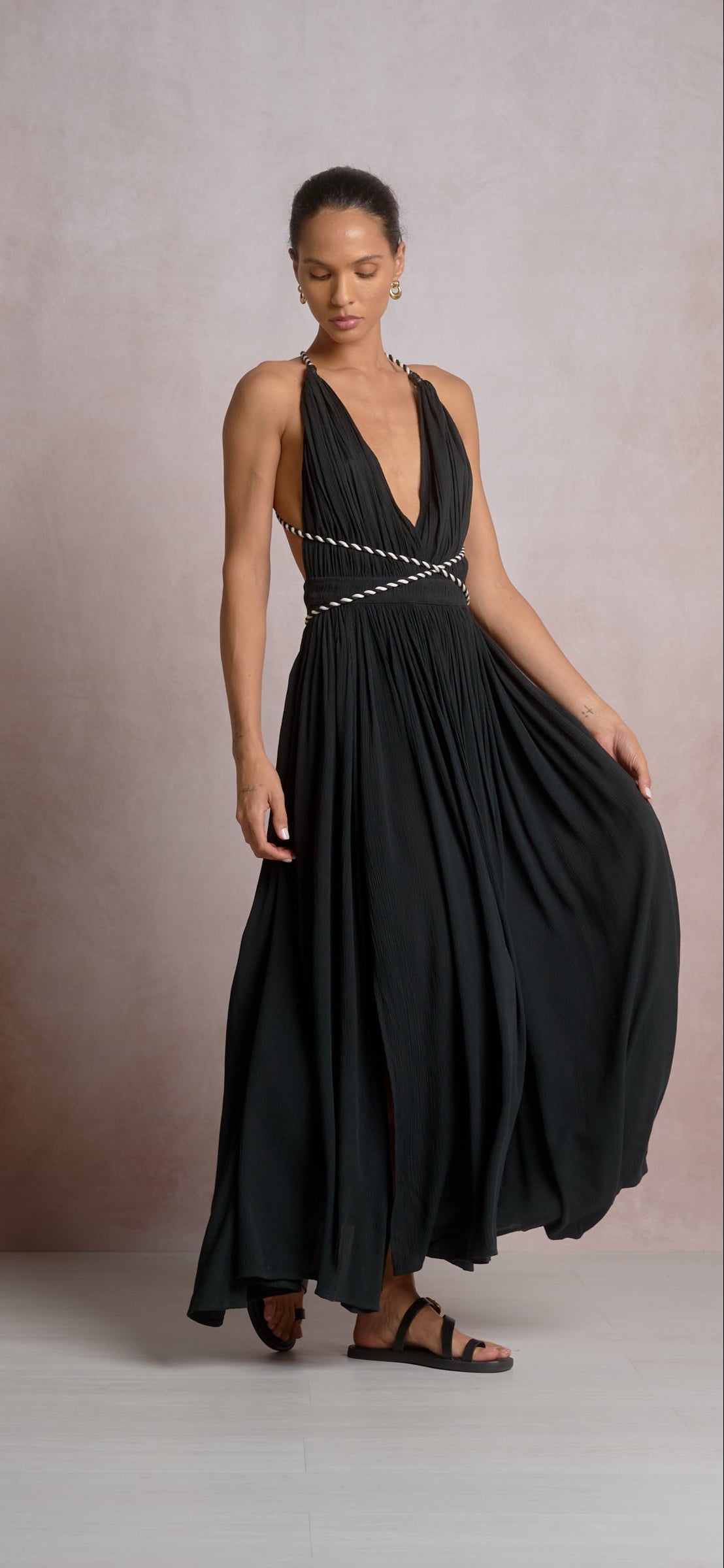 Elan Hi Slit Rope Waist Band Maxi Dress