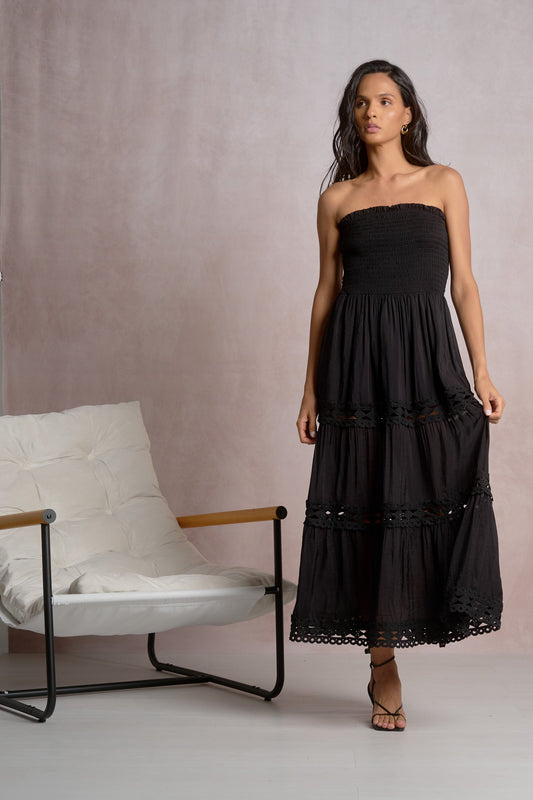 Elan Strapless Tiered Maxi Dress