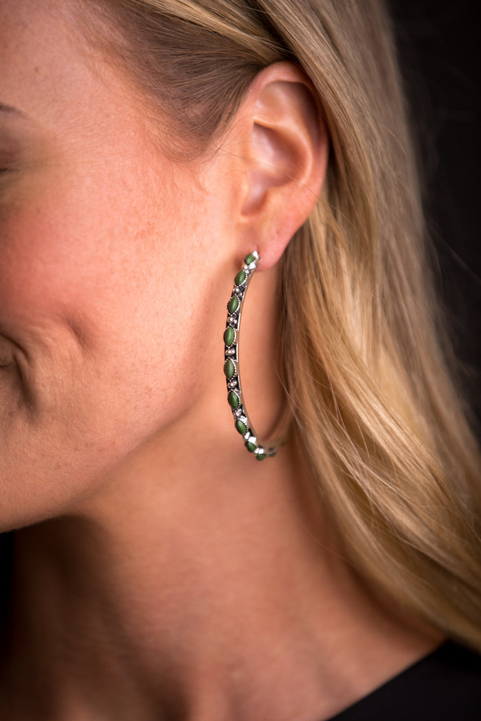 West & Co 2.5" Silver & Green Petite Point Style Hoop Earrings E894GRN