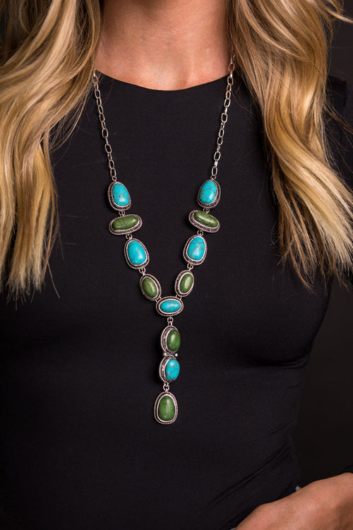 West & Co 27" Turquoise & Green Lariat Style with 3" Tail Necklace N1437TQGRN-Painted Cowgirl Western Store