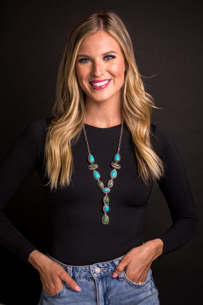 West & Co 27" Turquoise & Green Lariat Style with 3" Tail Necklace N1437TQGRN-Painted Cowgirl Western Store