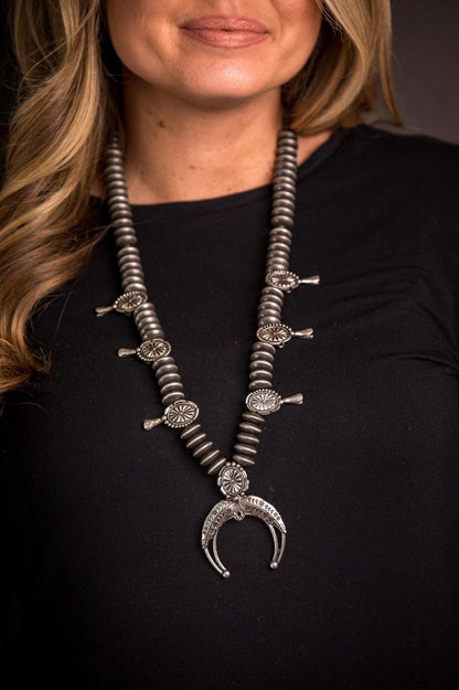 West & Co 30" Faux Navajo Pearl Disc Squash Blossom Necklace N1433
