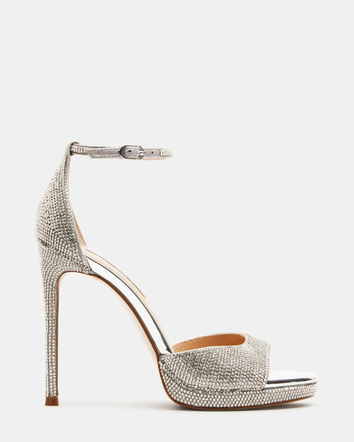 WILEY Silver Rhinestones Open Toe Stiletto Heel | Women's Heels | Steve Madden