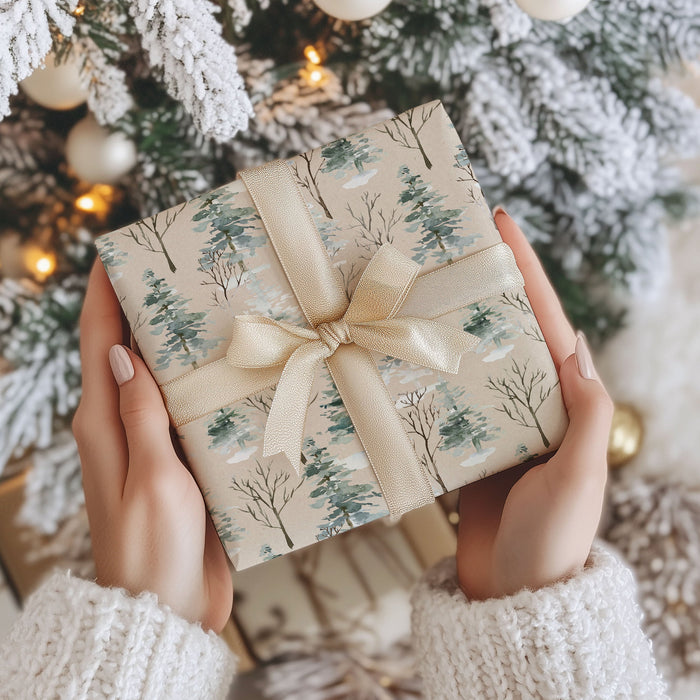 Woodland Watercolor Christmas Tree Kraft Wrapping Paper (5 Sheets)