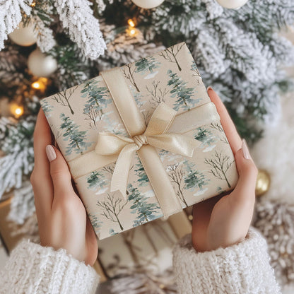 Woodland Watercolor Christmas Tree Kraft Wrapping Paper (5 Sheets)