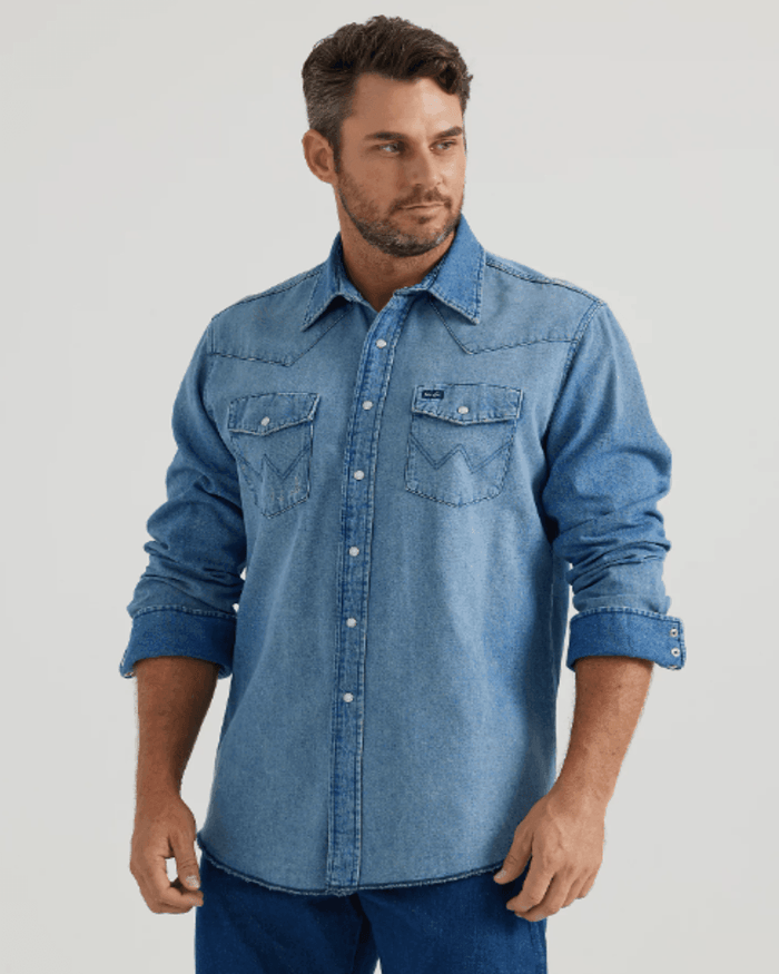 Wrangler Men's Blue Vintage Inspired Long Sleeve Western Snap Shirt 112345068