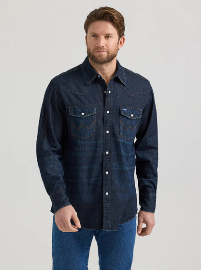 Wrangler Men's Dark Wash Vintage Long Sleeve Snap Western Work Shirt 112353263
