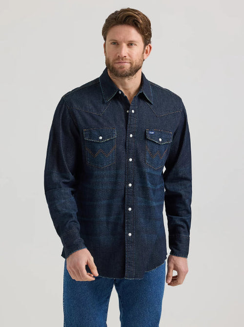 Wrangler Men's Dark Wash Vintage Long Sleeve Snap Western Work Shirt 112353263