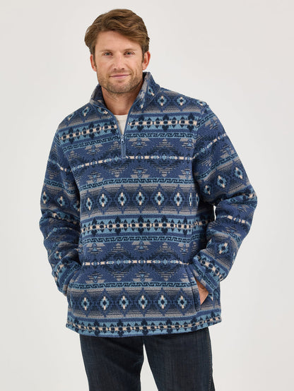 Wrangler Men's Vintage Indigo Blue Aztec Heavy Weight 1/4 Zip Sherpa Pullover 112358189