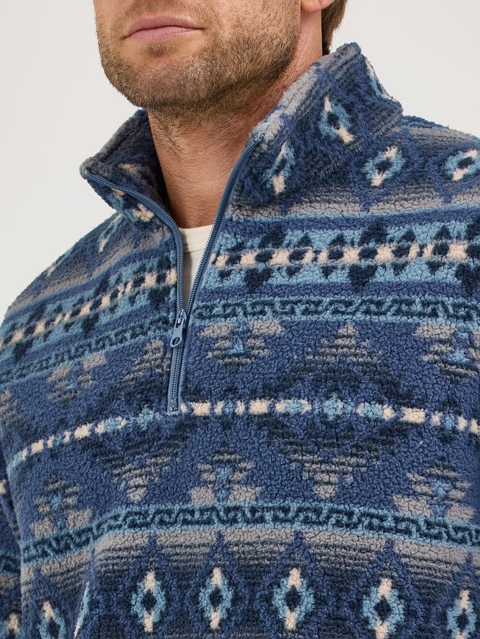Wrangler Men's Vintage Indigo Blue Aztec Heavy Weight 1/4 Zip Sherpa Pullover 112358189