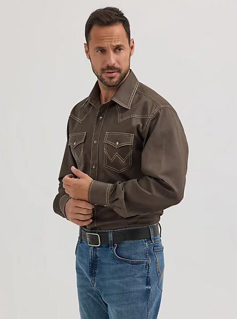 Wrangler Retro Premium Men's Black Olive Long Sleeve Western Snap Shirt 112356597