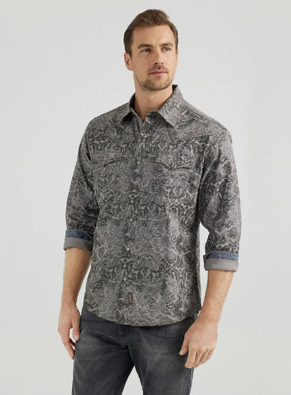 Wrangler Retro Premium Men's Damask Gray Print Long Sleeve Western Snap Shirt 1123556589