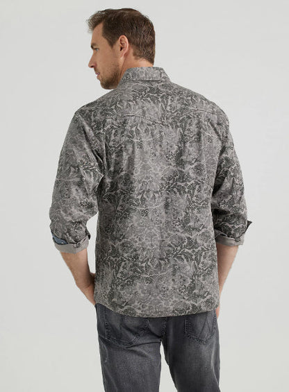 Wrangler Retro Premium Men's Damask Gray Print Long Sleeve Western Snap Shirt 1123556589