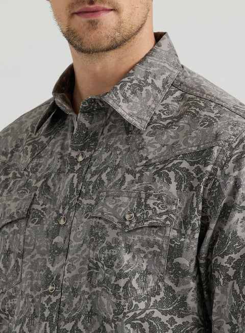 Wrangler Retro Premium Men's Damask Gray Print Long Sleeve Western Snap Shirt 1123556589