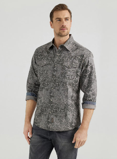 Wrangler Retro Premium Men's Damask Gray Print Long Sleeve Western Snap Shirt 1123556589
