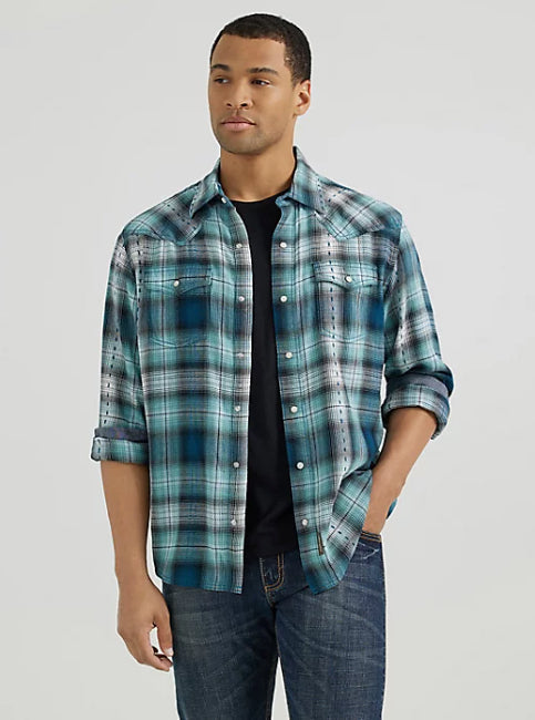 Wrangler Retro Premium Men's Multi Teals Long Sleeve Western Snap Shirt 112356595
