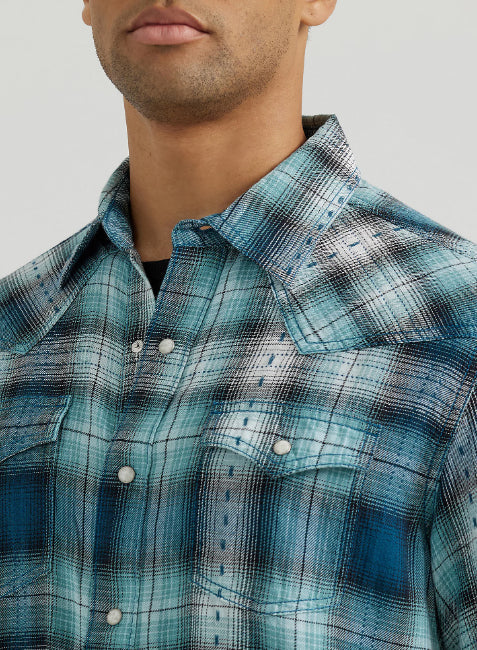 Wrangler Retro Premium Men's Multi Teals Long Sleeve Western Snap Shirt 112356595