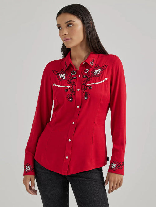 Wrangler Retro Women's Siren Red Embroidered Snap Long Sleeve Western Shirt 112356663