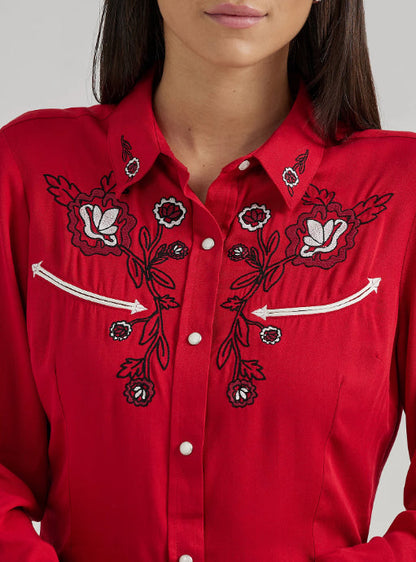 Wrangler Retro Women's Siren Red Embroidered Snap Long Sleeve Western Shirt 112356663