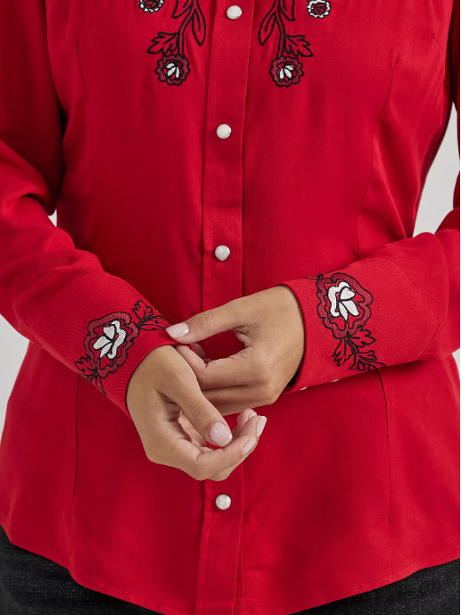 Wrangler Retro Women's Siren Red Embroidered Snap Long Sleeve Western Shirt 112356663