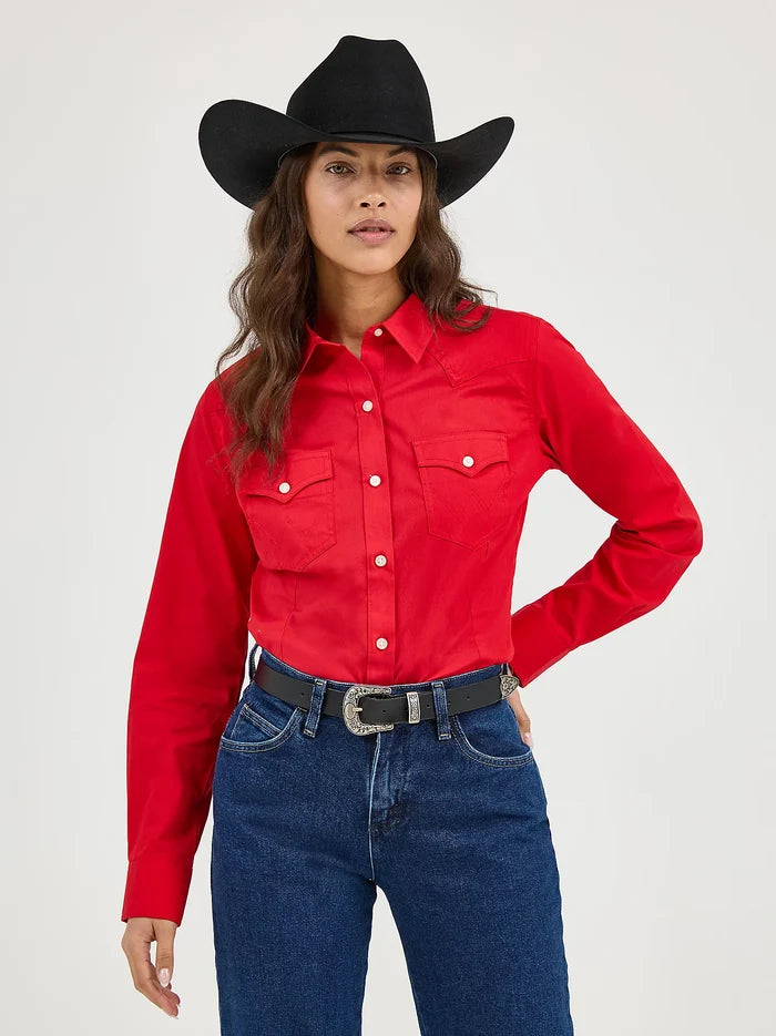 Wrangler Retro Women's Solid Red Slim Fit Button Long Sleeve Western Shirt 112358017