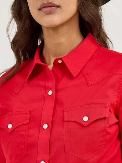 Wrangler Retro Women's Solid Red Slim Fit Button Long Sleeve Western Shirt 112358017