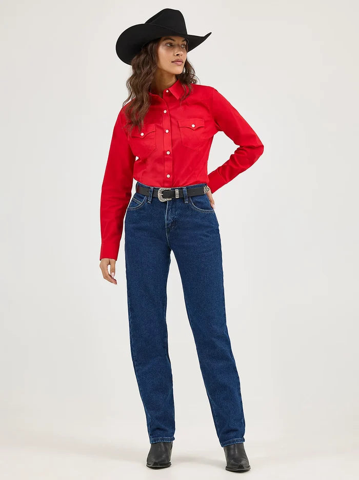 Wrangler Retro Women's Solid Red Slim Fit Button Long Sleeve Western Shirt 112358017