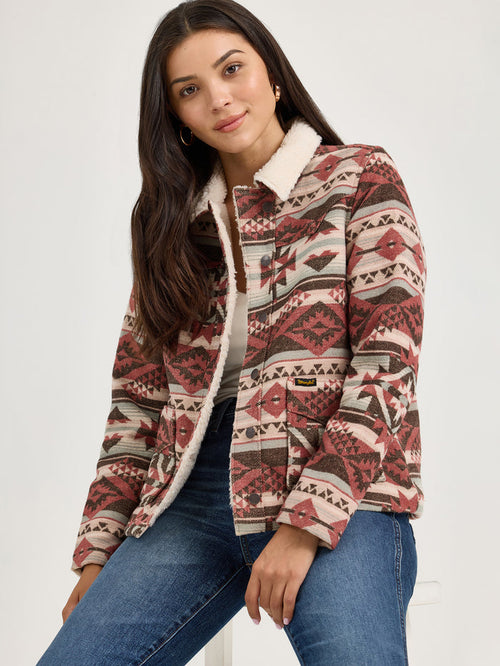 Wrangler Women's Retro Burgundy Aztec Sherpa Lined Jacquard Barn Jacket 112368301