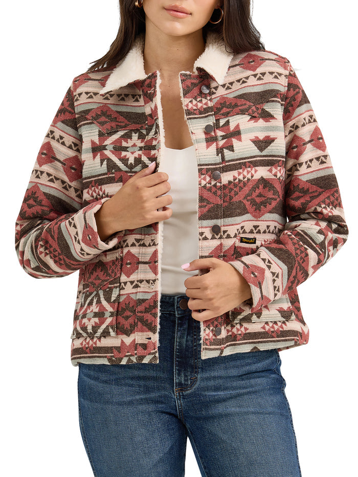 Wrangler Women's Retro Burgundy Aztec Sherpa Lined Jacquard Barn Jacket 112368301