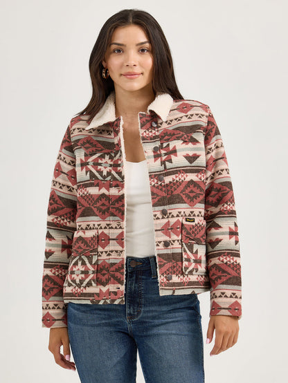 Wrangler Women's Retro Burgundy Aztec Sherpa Lined Jacquard Barn Jacket 112368301