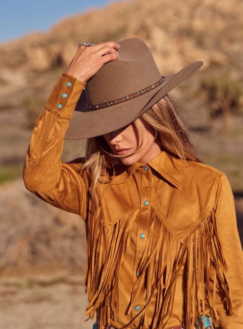 Wrangler X Women's Lainey Wilson Bone Brown Fringe Out Snap Long Sleeve Shirt 112360615